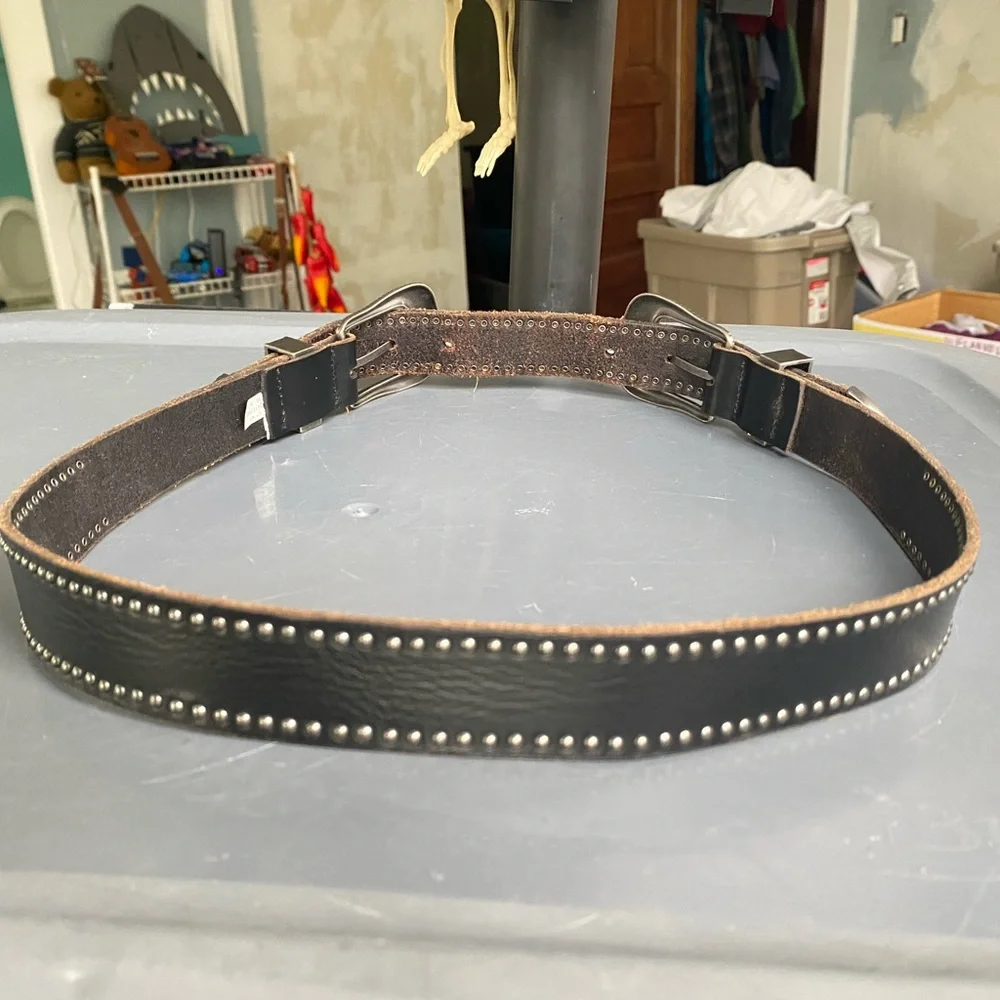 Double Buckle Cowgirl American Eagle Black Leather Belt 38” Long - Picture 5 of 8